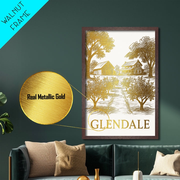 Glendale California art, Metallic Gold Art, Office Decor, Metal Art, Wood Framed Art, Graduation Travel Gift
