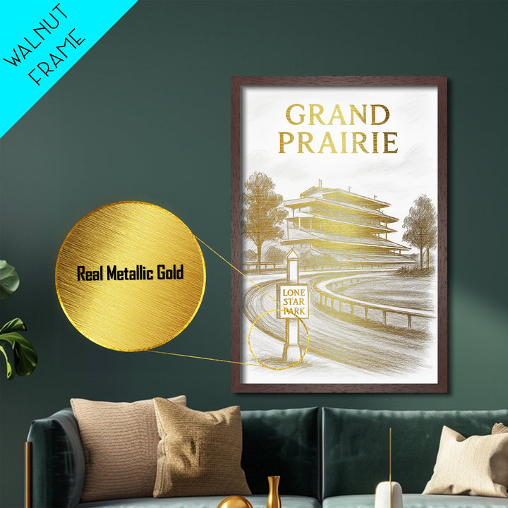 Grand Prairie Texas travel, Metallic Gold Print, Modern Skyline Wall Print, Metal Art, Wood Framed Art, Adventure Lover Gift