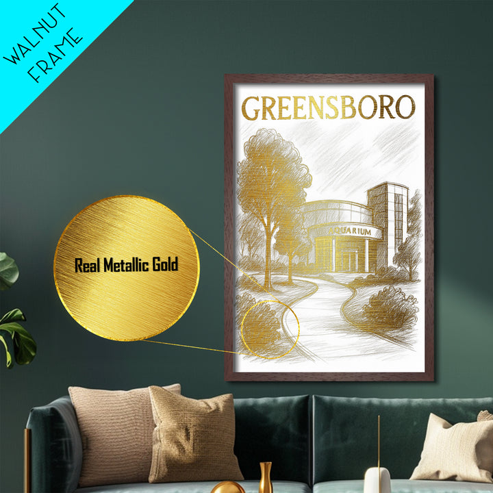 Greensboro North Carolina travel, Metallic Gold Print, College Dorm Décor, Metal Art, Wood Framed Art, Graduation Travel Gift
