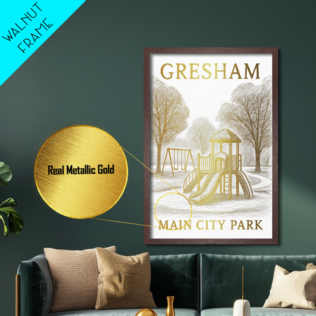 Gresham Oregon travel, Metallic Gold Print, Modern Skyline Wall Print, Metal Art, Wood Framed Art, Adventure Lover Gift, Travel Gift