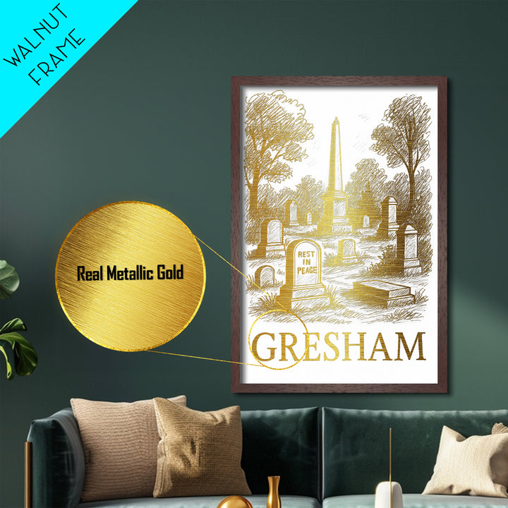 Gresham Oregon art, Metallic Gold Art, Housewarming Gift, Metal Art, Wood Framed Art, Newlywed Travel Gift, Honeymoon Gift