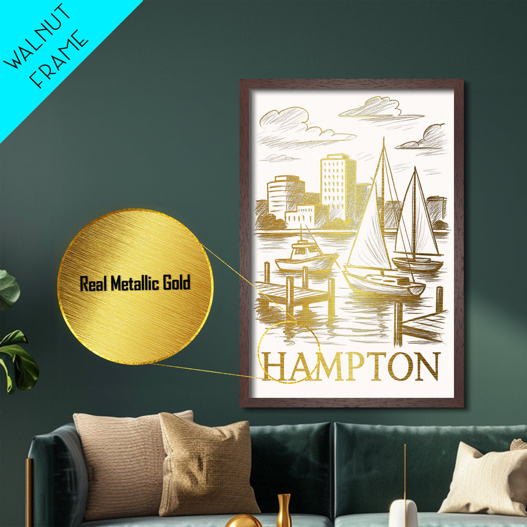 Hampton Virginia art, Metallic Gold Art, Office Decor, Metal Art, Wood Framed Art, Graduation Travel Gift, Destination Gift