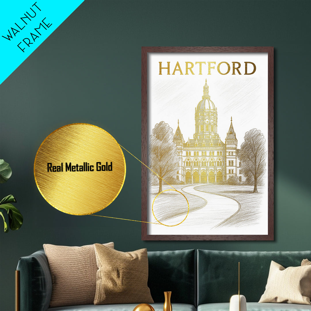 Hartford Connecticut travel, Metallic Gold Print, Modern House Art, Metal Art, Wood Framed Art, Wanderlust Gift, Travel Art Prints
