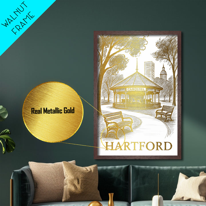 Hartford Connecticut art, Metallic Gold Art, Travel Art Prints, Metal Art, Wood Framed Art, Adventure Lover Gift, Traveler Gift