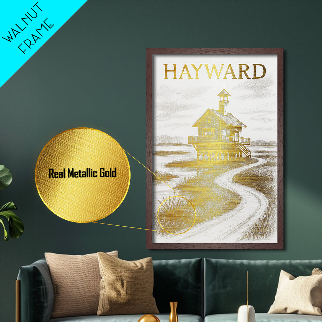 Hayward California travel, Metallic Gold Print, Modern House Art, Metal Art, Wood Framed Art, Traveler Gift, Destination Gift