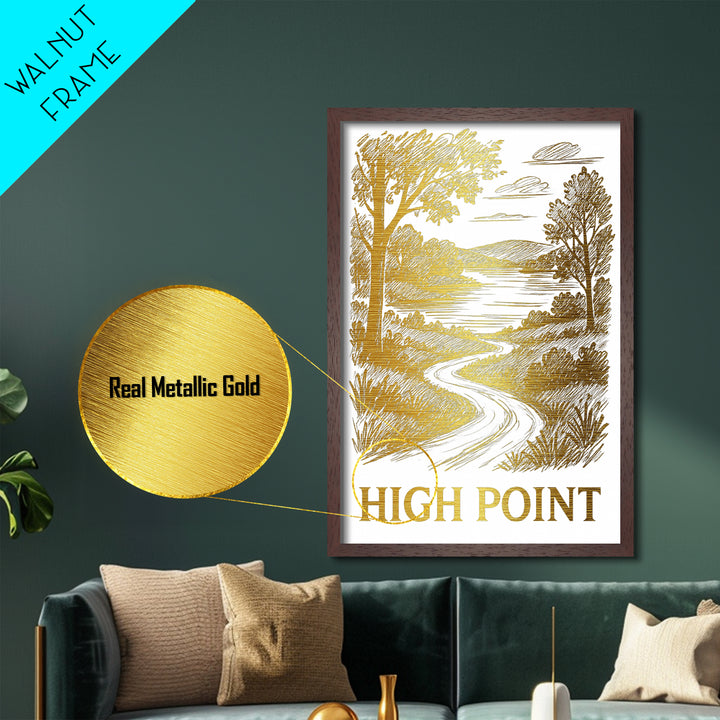 High Point North Carolina art, Metallic Gold Art, Travel Art Prints, Metal Art, Wood Framed Art, Adventure Lover Gift, Traveler Gift
