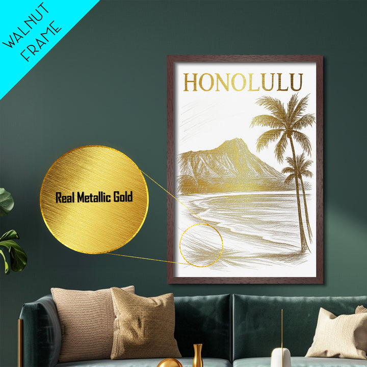 Honolulu Hawaii travel, Metallic Gold Print, Modern Skyline Wall Print, Metal Art, Wood Framed Art, Adventure Lover Gift, Travel Gift