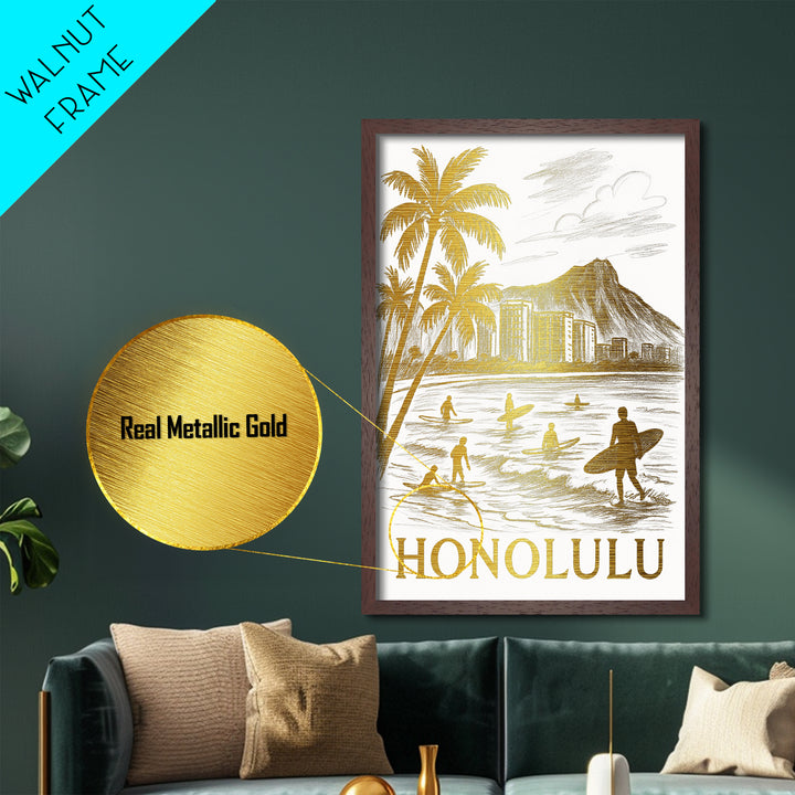Honolulu Hawaii art, Metallic Gold Art, Housewarming Gift, Metal Art, Wood Framed Art, Newlywed Travel Gift, Honeymoon Gift