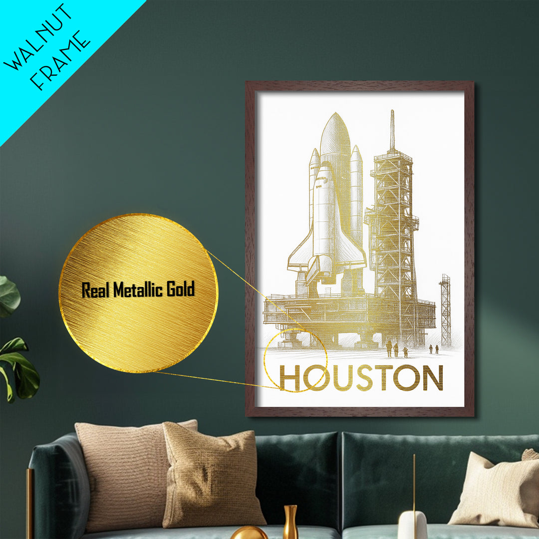 Houston Texas travel, Metallic Gold Print, Closing Gift, Metal Art, Wood Framed Art, Anniversary Travel Gift, Retirement Travel Gift