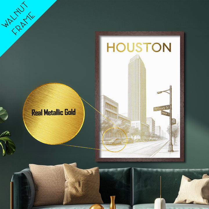 Houston Texas art, Metallic Gold Art, Office Decor, Metal Art, Wood Framed Art, Graduation Travel Gift, Destination Gift