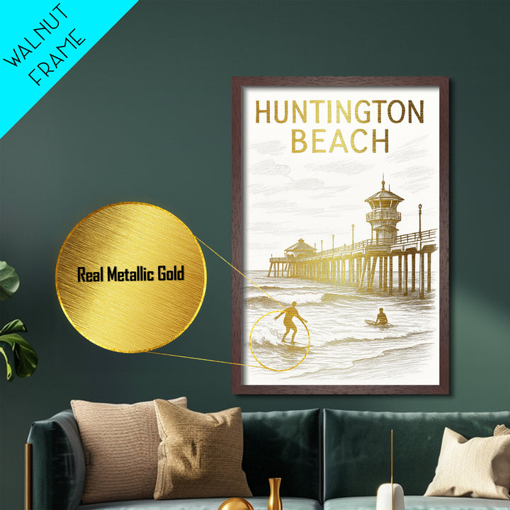 Huntington Beach California travel, Metallic Gold Print, Modern House Art, Metal Art, Wood Framed Art, Wanderlust Gift, Travel Art Prints