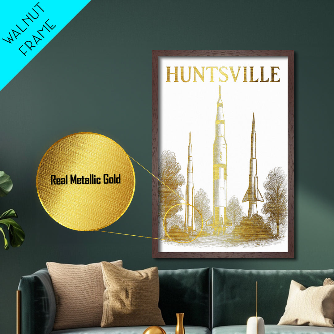 Huntsville Alabama travel, Metallic Gold Print, Modern House Art, Metal Art, Wood Framed Art, Traveler Gift, Destination Gift