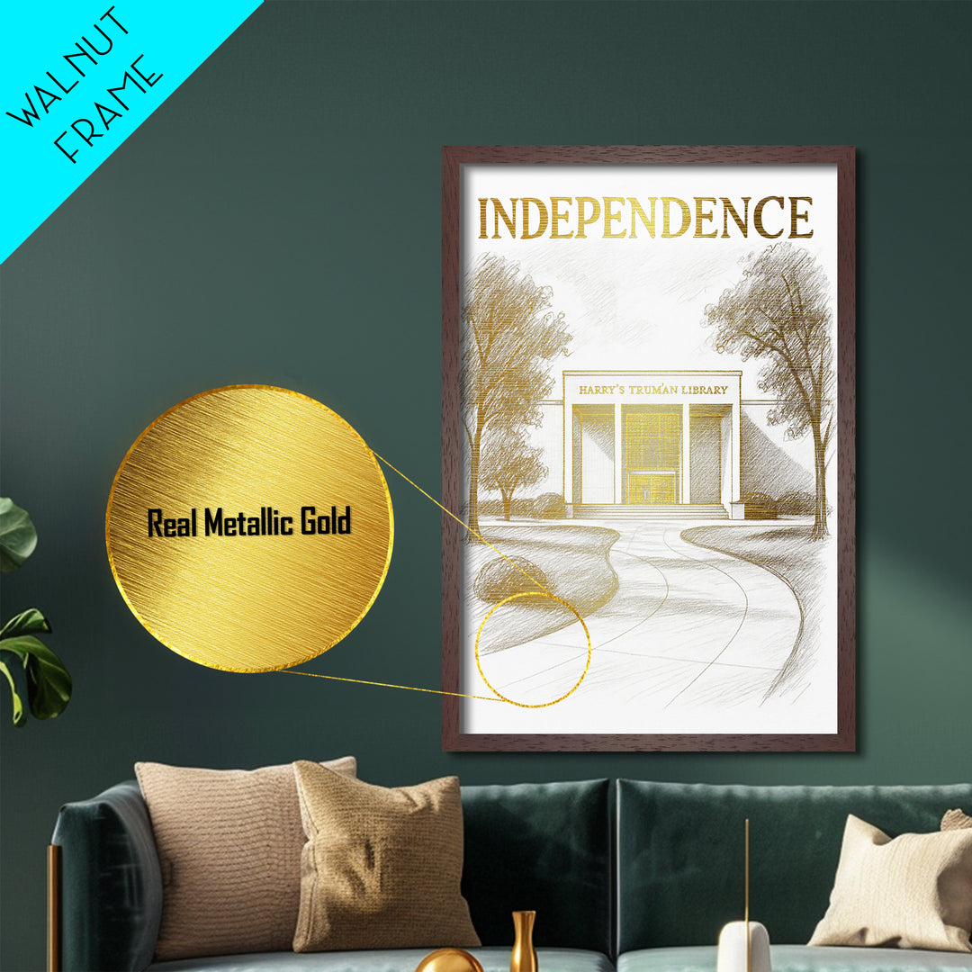 Independence Missouri travel, Metallic Gold Print, College Dorm Décor, Metal Art, Wood Framed Art, Graduation Travel Gift, Traveler Gift