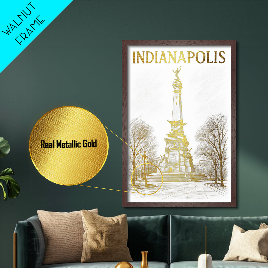 Indianapolis Indiana travel, Metallic Gold Print, Modern House Art, Metal Art, Wood Framed Art, Wanderlust Gift, Travel Art Prints