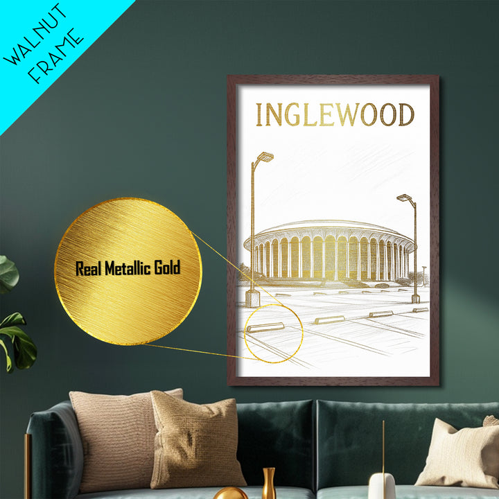 Inglewood California travel, Metallic Gold Print, Modern House Art, Metal Art, Wood Framed Art, Traveler Gift, Destination Gift