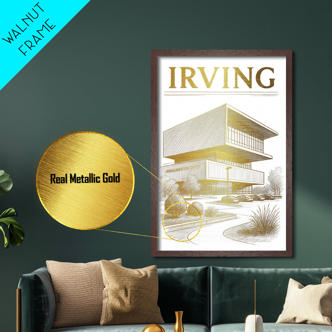 Irving Texas travel, Metallic Gold Print, Modern Skyline Wall Print, Metal Art, Wood Framed Art, Adventure Lover Gift, Travel Gift