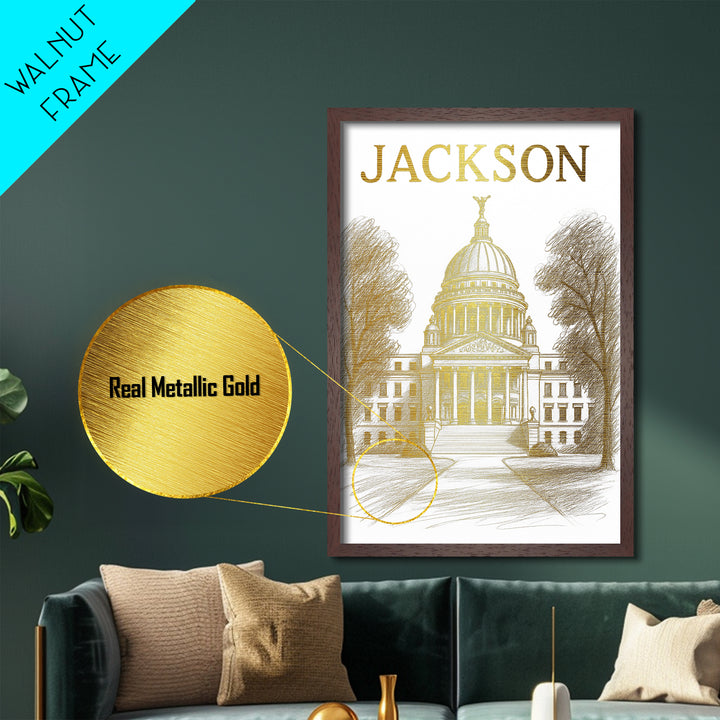 Jackson Mississippi travel, Metallic Gold Print, Closing Gift, Metal Art, Wood Framed Art, Anniversary Travel Gift, Retirement Travel Gift