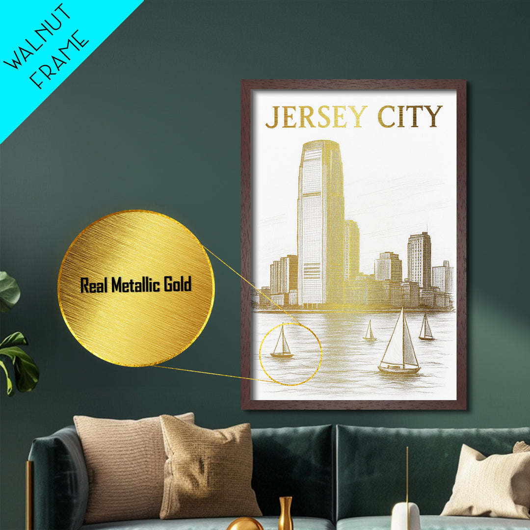Jersey City New Jersey travel, Metallic Gold Print, Modern House Art, Metal Art, Wood Framed Art, Traveler Gift, Destination Gift