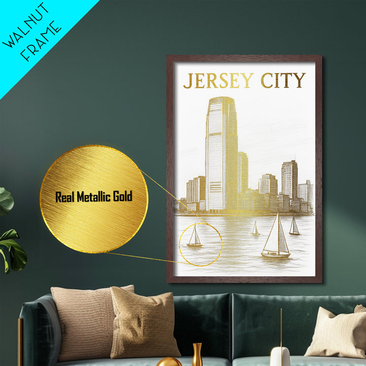 Jersey City New Jersey travel, Metallic Gold Print, Modern House Art, Metal Art, Wood Framed Art, Traveler Gift, Destination Gift