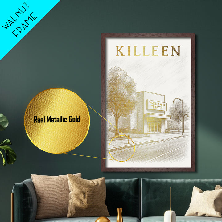 Killeen Texas travel, Metallic Gold Print, College Dorm Décor, Metal Art, Wood Framed Art, Graduation Travel Gift, Traveler Gift