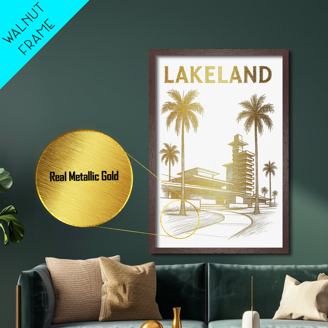 Lakeland Florida travel, Metallic Gold Print, Modern House Art, Metal Art, Wood Framed Art, Wanderlust Gift, Travel Art Prints