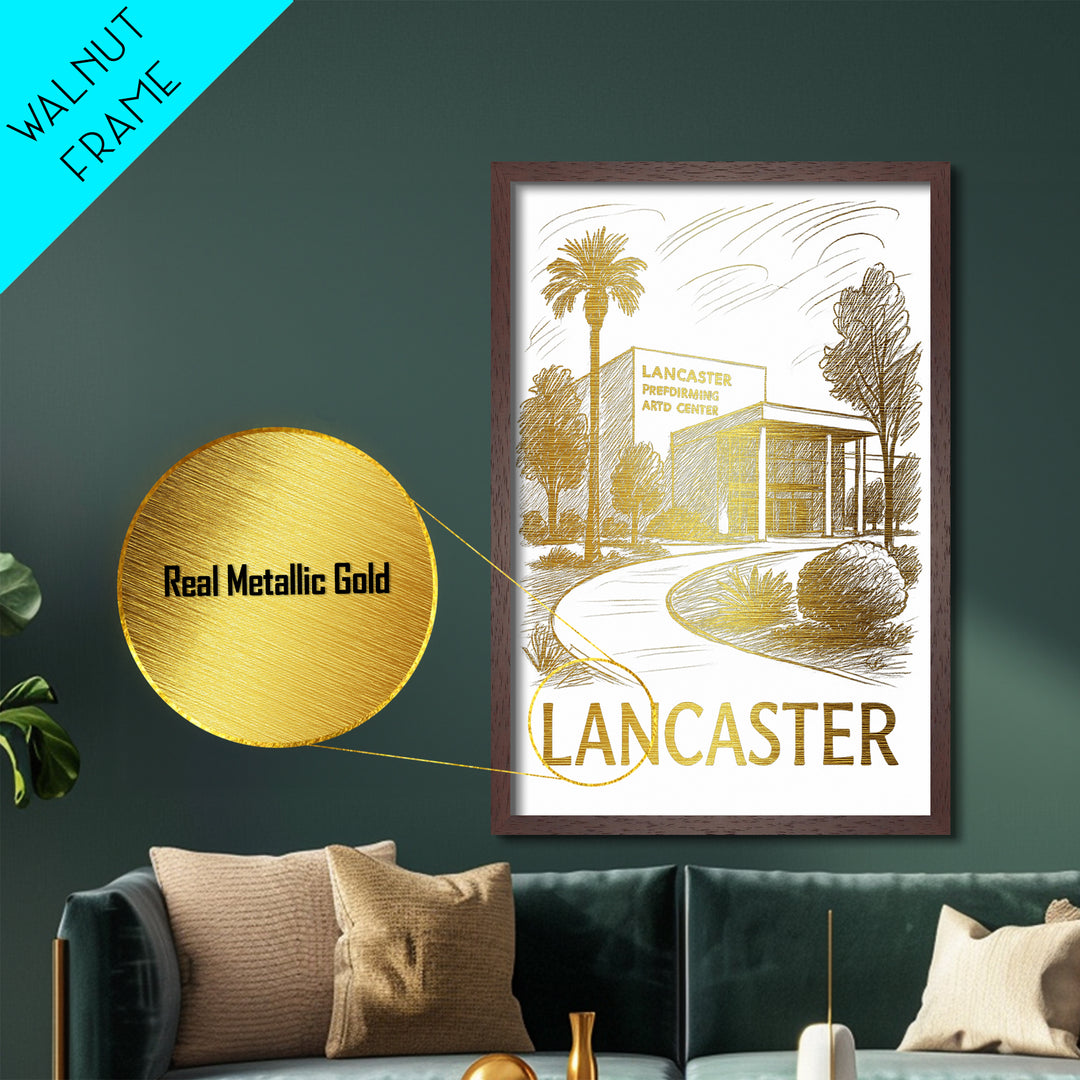 Lancaster California art, Metallic Gold Art, Housewarming Gift, Metal Art, Wood Framed Art, Newlywed Travel Gift, Honeymoon Gift