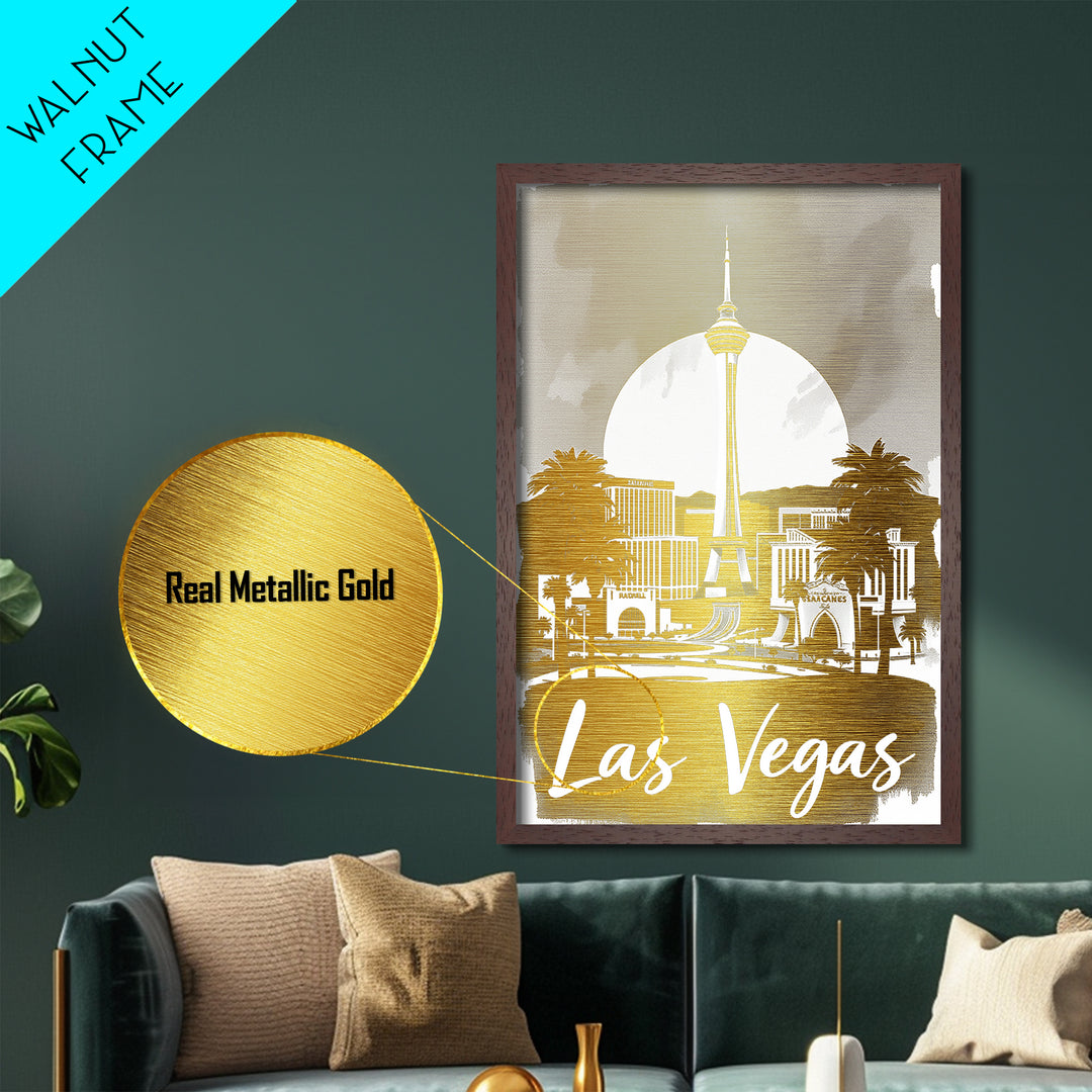 Las Vegas Nevada travel, Metallic Gold Print, College Dorm Décor, Metal Art, Wood Framed Art, Graduation Travel Gift, Traveler Gift