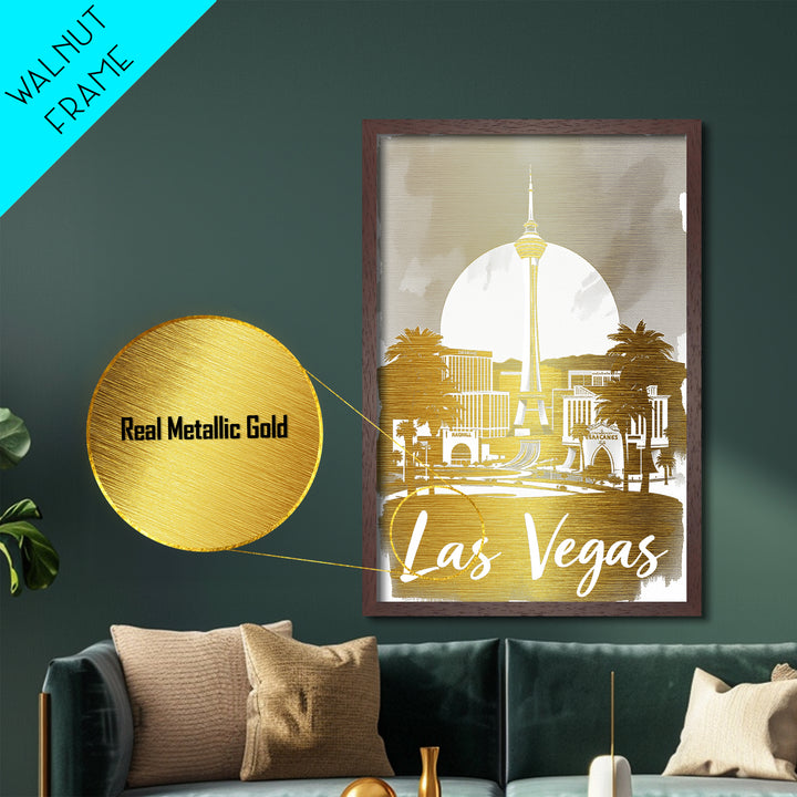 Las Vegas Nevada travel, Metallic Gold Print, College Dorm Décor, Metal Art, Wood Framed Art, Graduation Travel Gift, Traveler Gift