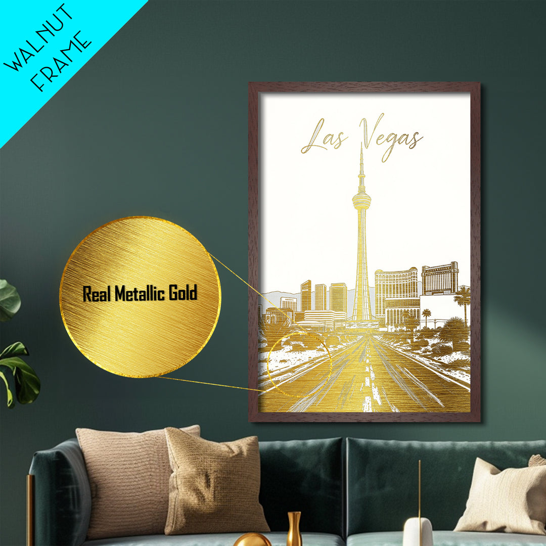 Las Vegas Nevada art, Metallic Gold Art, Best Friend Gifts, Metal Art, Wood Framed Art, Birthday Travel Gift, Destination Gift