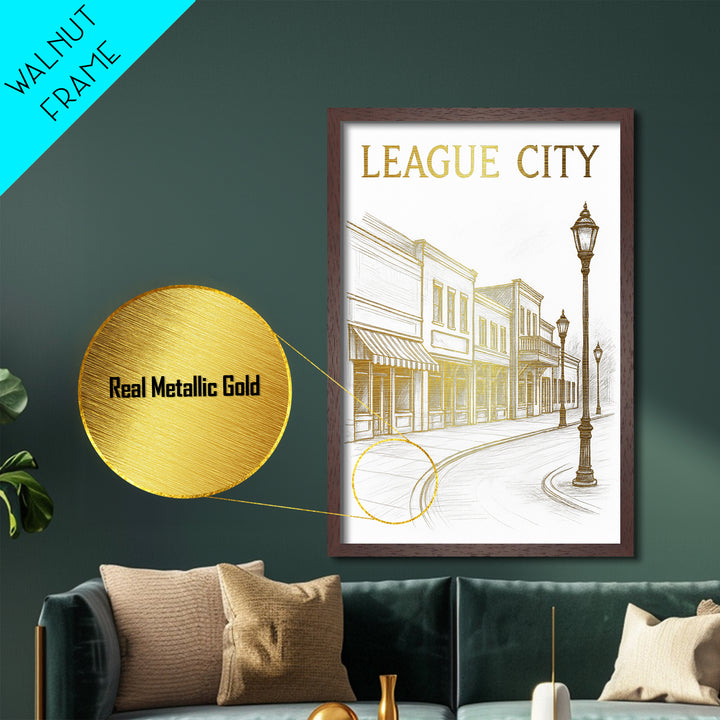 League City Texas travel, Metallic Gold Print, Closing Gift, Metal Art, Wood Framed Art, Anniversary Travel Gift, Retirement Travel Gift