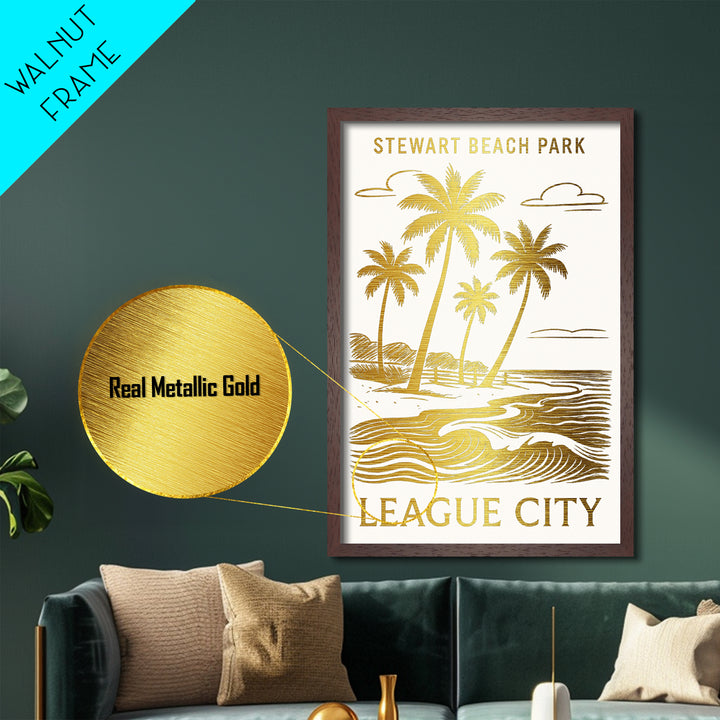 League City Texas art, Metallic Gold Art, Office Decor, Metal Art, Wood Framed Art, Graduation Travel Gift, Destination Gift
