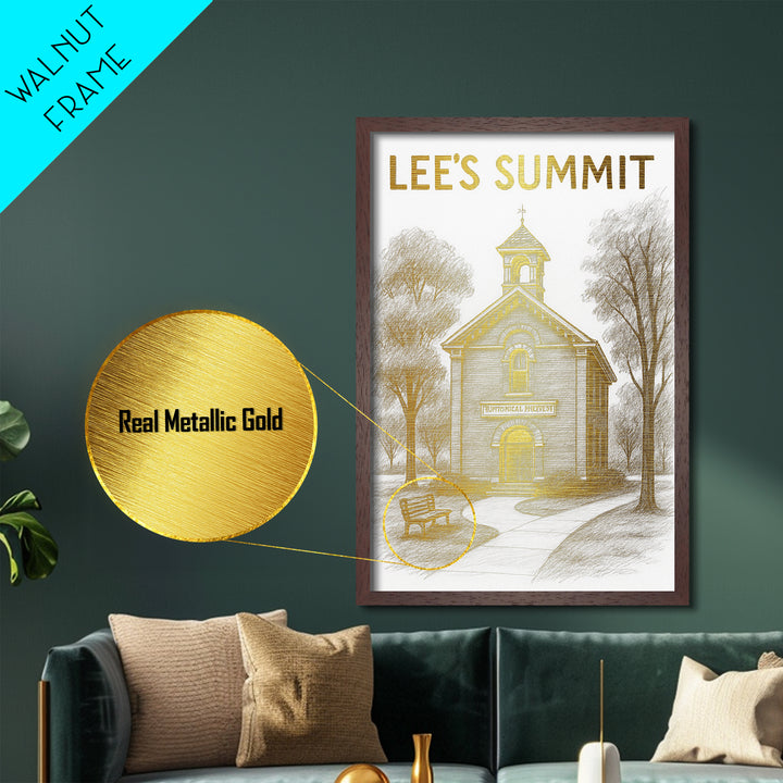 Lee’s Summit Missouri travel, Metallic Gold Print, Modern House Art, Metal Art, Wood Framed Art, Wanderlust Gift, Travel Art Prints