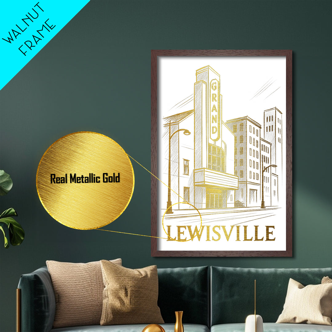 Lewisville Texas travel, Metallic Gold Print, Modern House Art, Metal Art, Wood Framed Art, Traveler Gift, Destination Gift