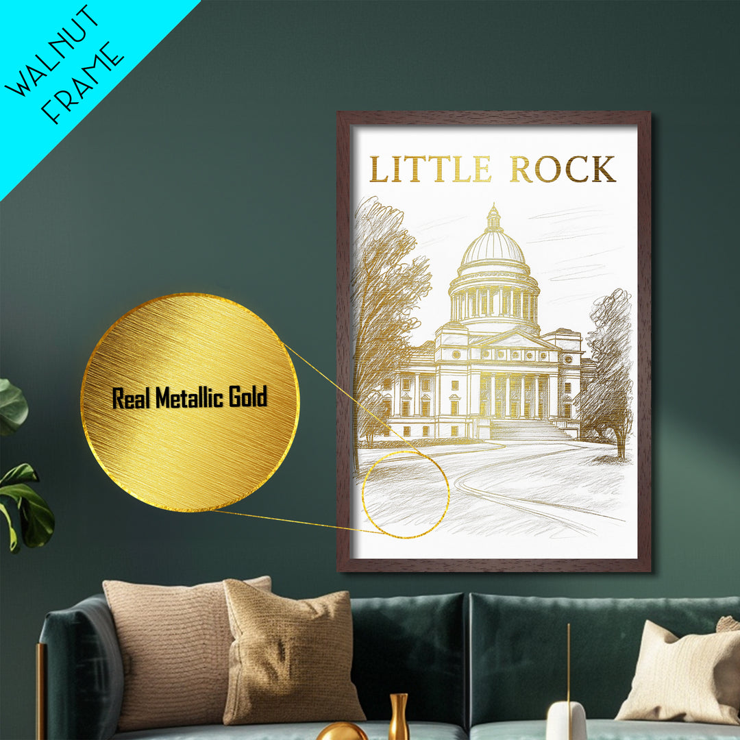 Little Rock Arkansas travel, Metallic Gold Print, Closing Gift, Metal Art, Wood Framed Art, Anniversary Travel Gift, Retirement Travel Gift
