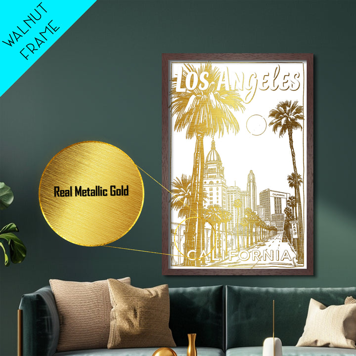 Los Angeles California art, Metallic Gold Art, Best Friend Gifts, Metal Art, Wood Framed Art, Birthday Travel Gift, Destination Gift