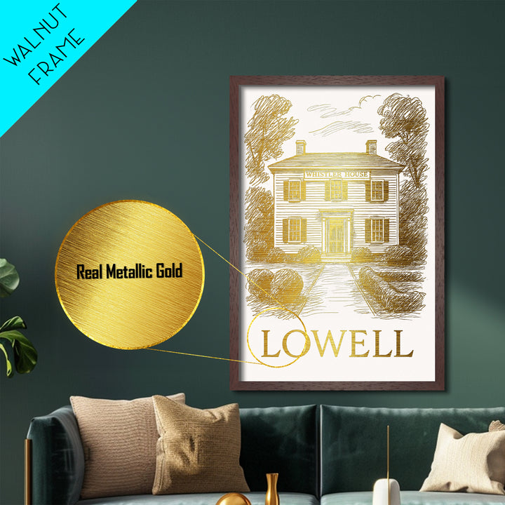 Lowell Massachusetts art, Metallic Gold Art, Modern House Art, Metal Art, Wood Framed Art, Graduation Travel Gift