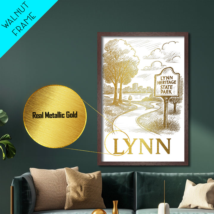 Lynn Massachusetts art, Metallic Gold Art, Modern Skyline Wall Print, Metal Art, Wood Framed Art, Adventure Lover Gift