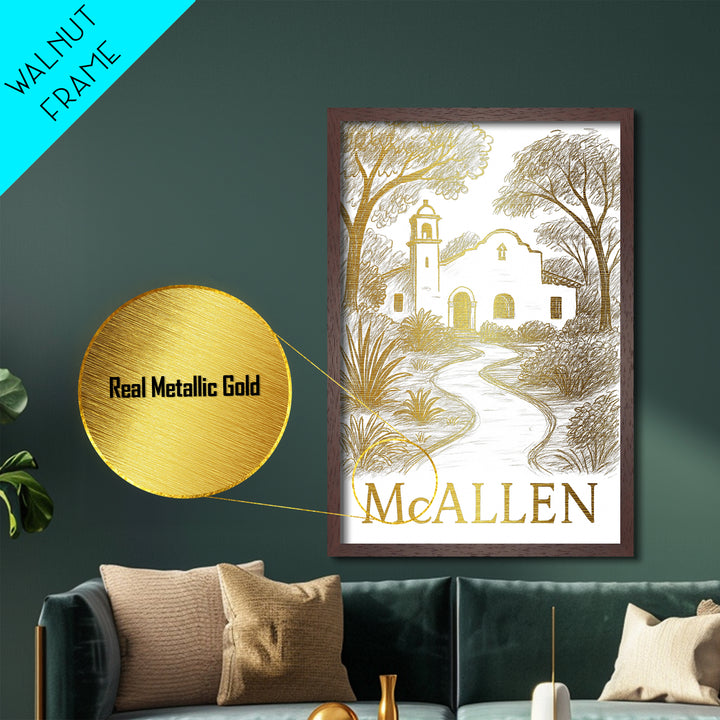 McAllen Texas travel, Metallic Gold Print, College Dorm Décor, Metal Art, Wood Framed Art, Graduation Travel Gift