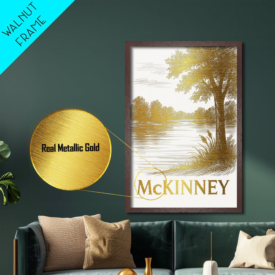 McKinney Texas travel, Metallic Gold Print, Modern Skyline Wall Print, Metal Art, Wood Framed Art, Adventure Lover Gift