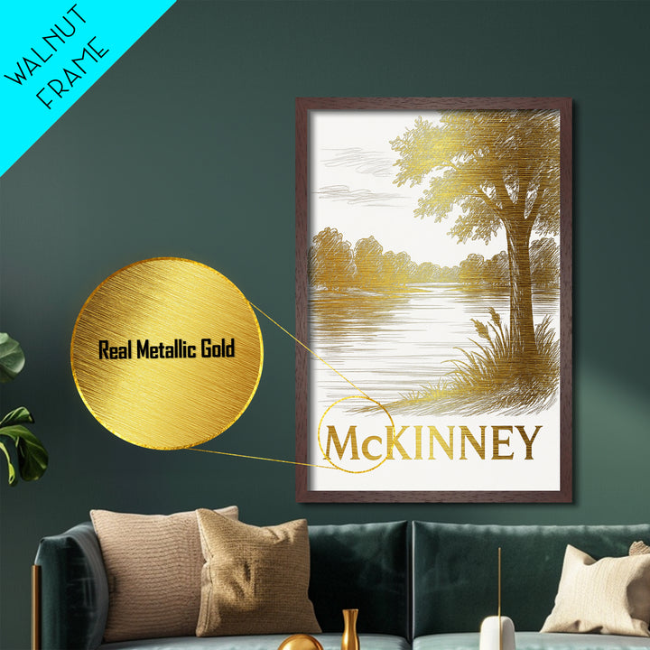 McKinney Texas travel, Metallic Gold Print, Modern Skyline Wall Print, Metal Art, Wood Framed Art, Adventure Lover Gift