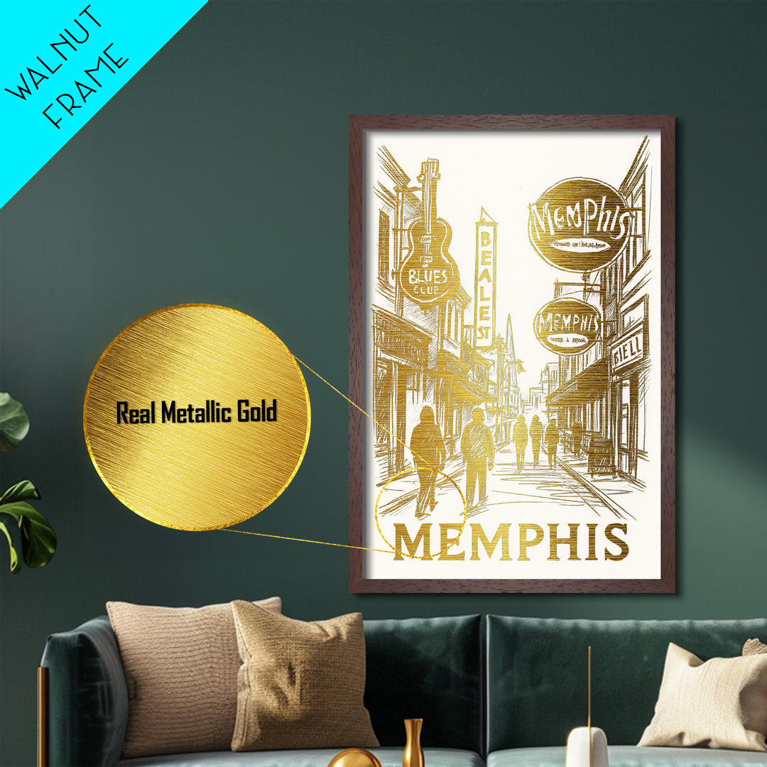 Memphis Tennessee travel, Metallic Gold Print, Closing Gift, Metal Art, Wood Framed Art, Anniversary Travel Gift