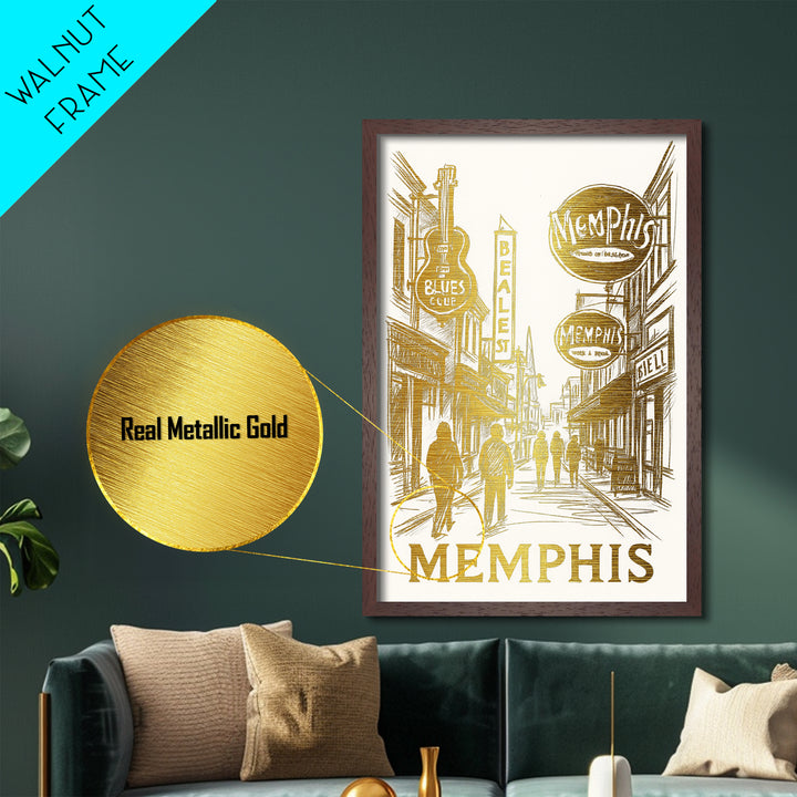 Memphis Tennessee travel, Metallic Gold Print, Closing Gift, Metal Art, Wood Framed Art, Anniversary Travel Gift
