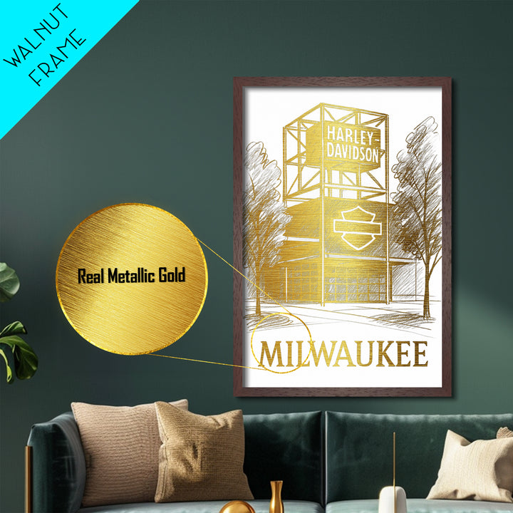Milwaukee Wisconsin travel, Metallic Gold Print, College Dorm Décor, Metal Art, Wood Framed Art, Graduation Travel Gift
