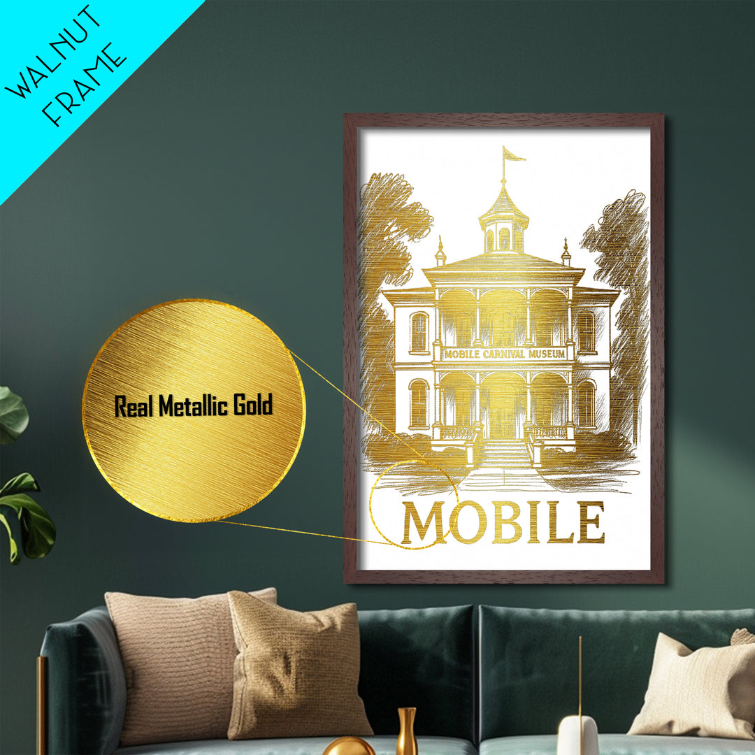 Mobile Alabama travel, Metallic Gold Print, Modern House Art, Metal Art, Wood Framed Art, Wanderlust Gift