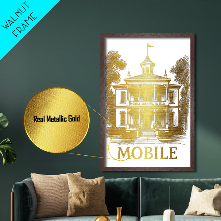Mobile Alabama travel, Metallic Gold Print, Modern House Art, Metal Art, Wood Framed Art, Wanderlust Gift