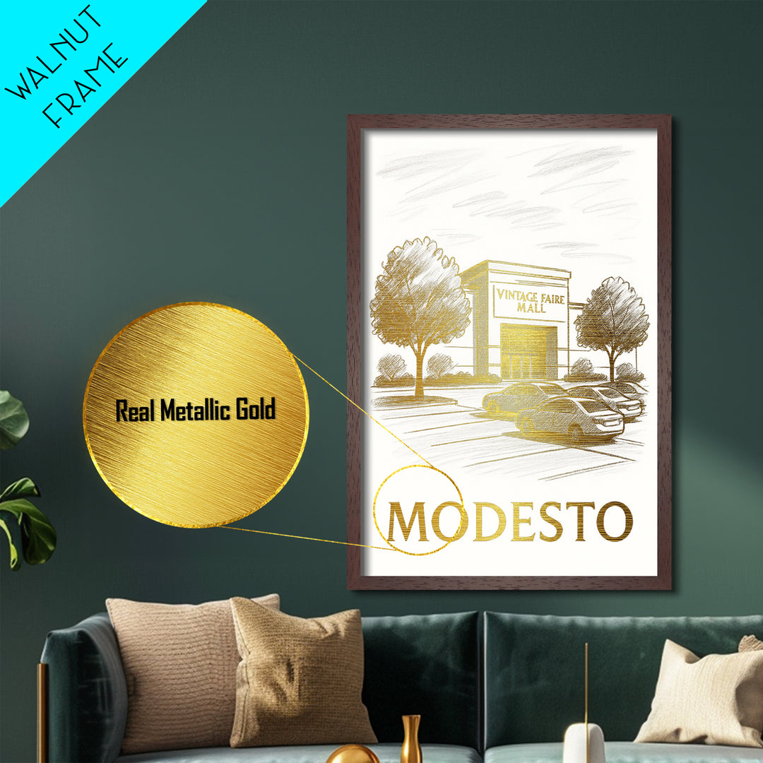 Modesto California travel, Metallic Gold Print, Modern House Art, Metal Art, Wood Framed Art, Traveler Gift