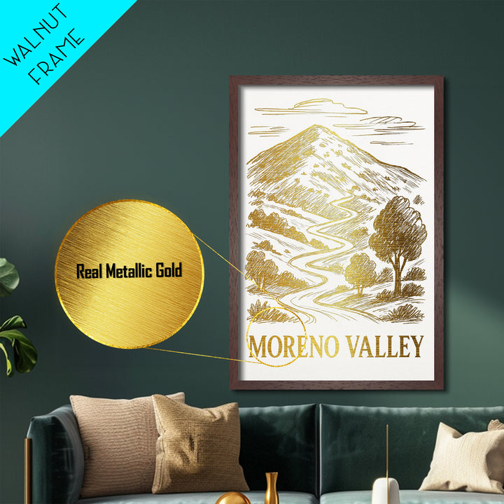 Moreno Valley California travel, Metallic Gold Print, Modern Skyline Wall Print, Metal Art, Wood Framed Art, Adventure Lover Gift
