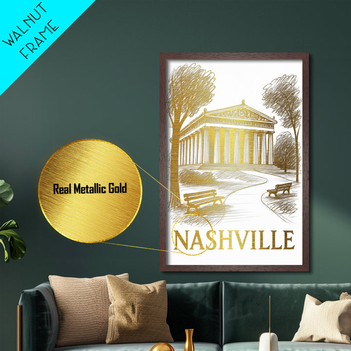 Nashville Tennessee art, Metallic Gold Art, Housewarming Gift, Metal Art, Wood Framed Art, Newlywed Travel Gift, Honeymoon Gift