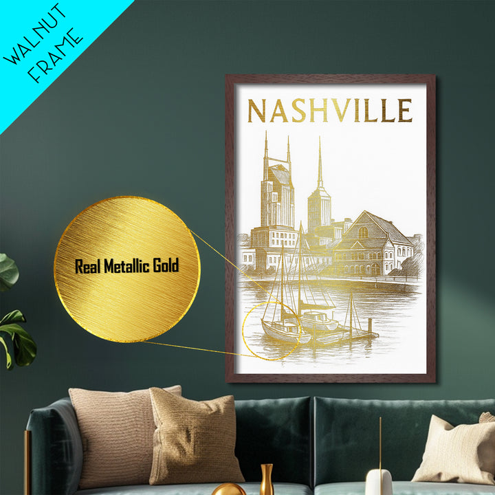 Nashville Tennessee travel, Metallic Gold Print, Closing Gift, Metal Art, Wood Framed Art, Anniversary Travel Gift, Retirement Travel Gift