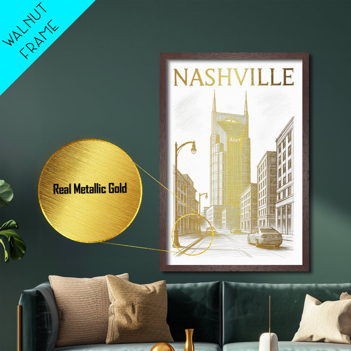 Nashville Tennessee art, Metallic Gold Art, Office Decor, Metal Art, Wood Framed Art, Graduation Travel Gift, Destination Gift